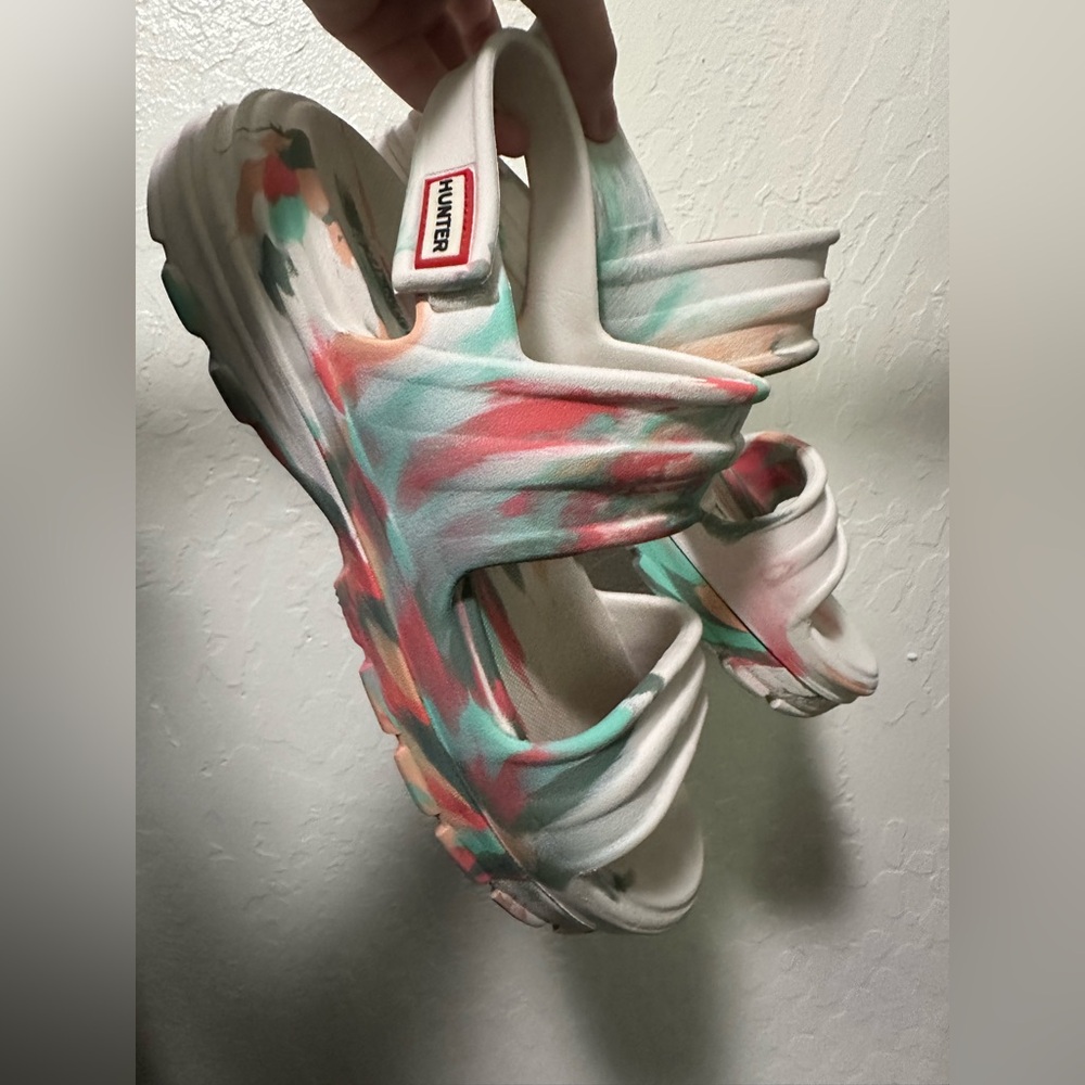 Women’s White Sandals with Mint & Coral Brushstroke Print - Picture 2 of 3